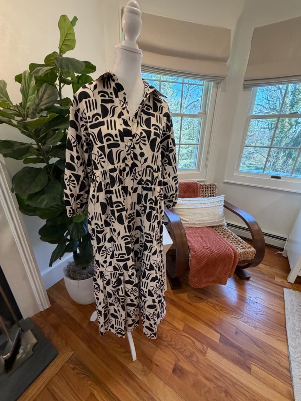 Anthropologie Maeve Black and Cream Printed Button-Front Dress